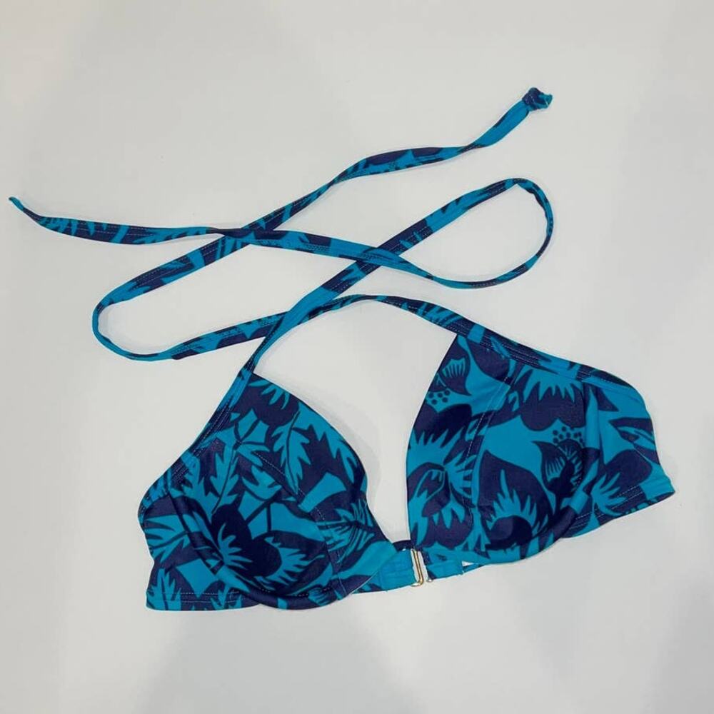Victoria's Secret Bikini Top Womens 34A Blue Floral Tropical Print Halter Swim